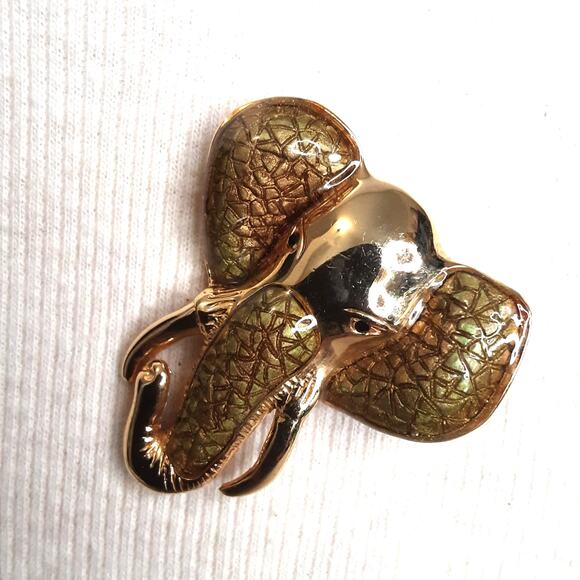 Vintage 1980s Elephant Head Brooch Heavy Gold Tone Metal Brown Green Enamel - Picture 2 of 11